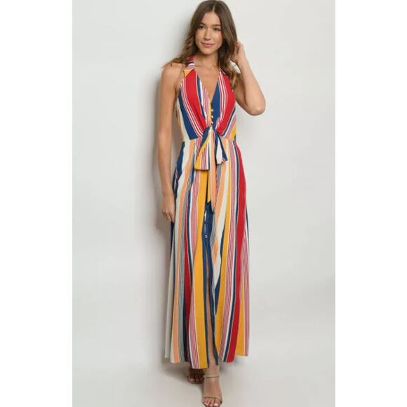 Retro funky Lulumari striped colorful collared button tie front small maxi dress - Picture 2 of 10
